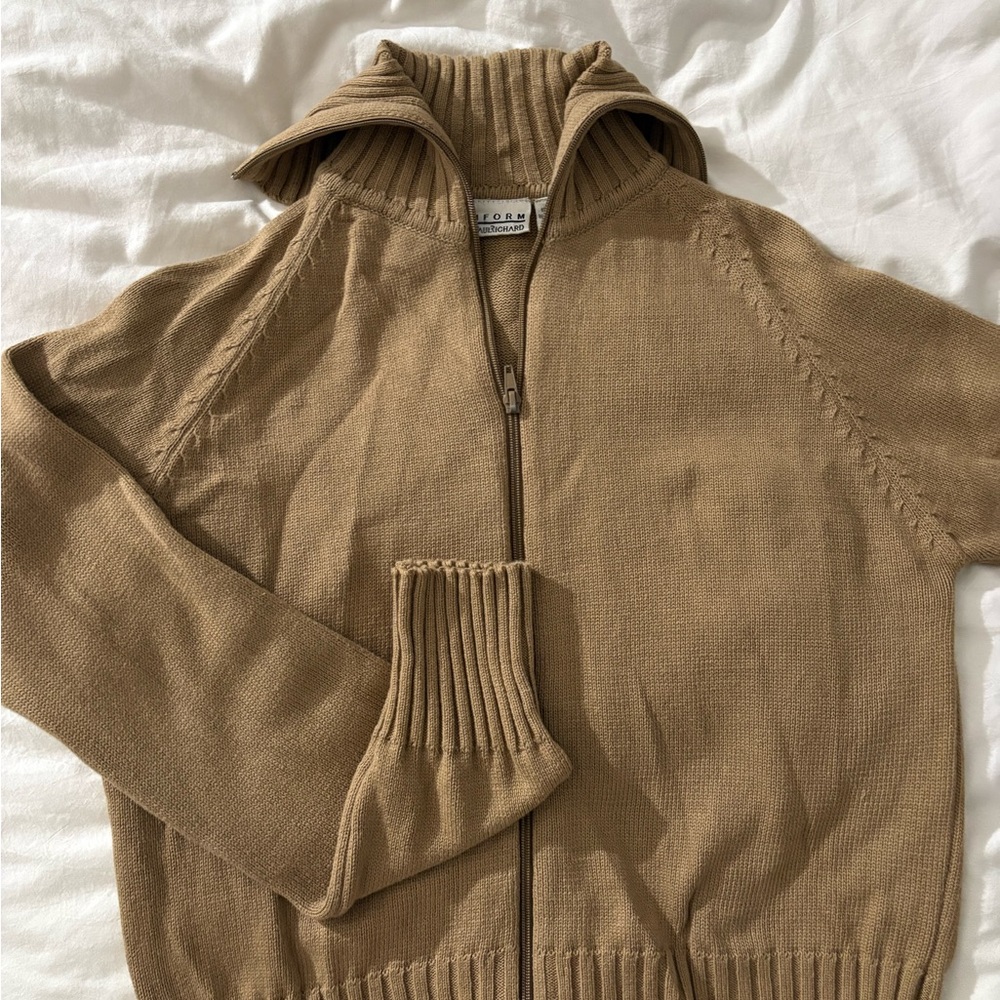 JohnPaulRichard Tan Zip Up Sweater with Ribbed Knit